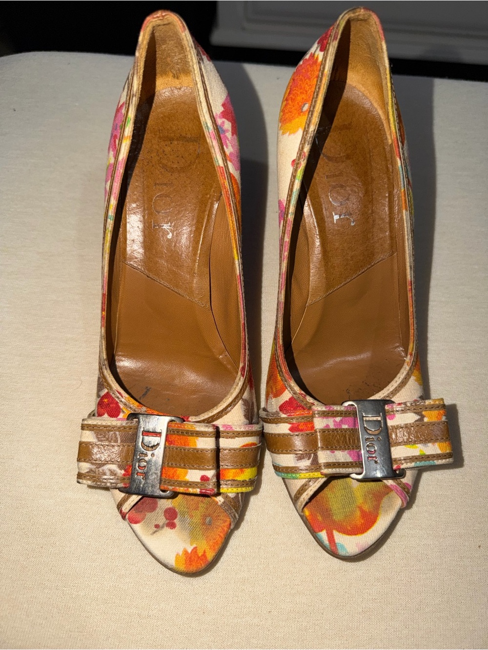 Dior Floral Peep-Toe Heels in Cream, Orange, Pink and Yellow